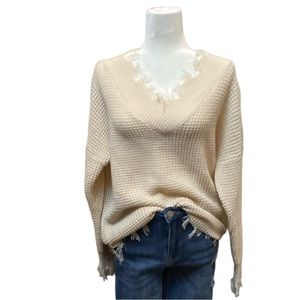 Zenana cream ribbed vneck long sleeve sweater